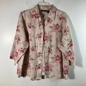 Womens Relativity Floral Linen Button Shirt 1/2 Sleeve Tan Pink 2X Collar‎ Linen